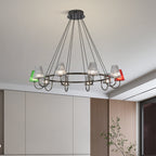 Six colorful shades hanging from the chandelier's ceiling mount