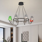 Suspended metal chandelier with six colorful glass shades