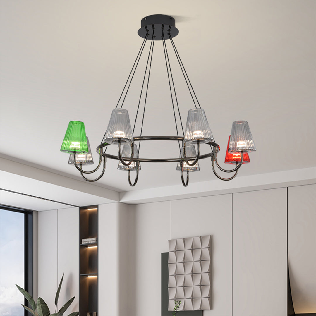 Suspended metal chandelier with six colorful glass shades