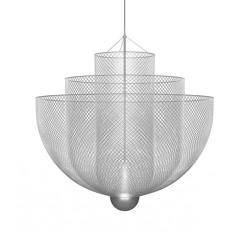 Symmetrical view of the tiered silver mesh chandelier lit up