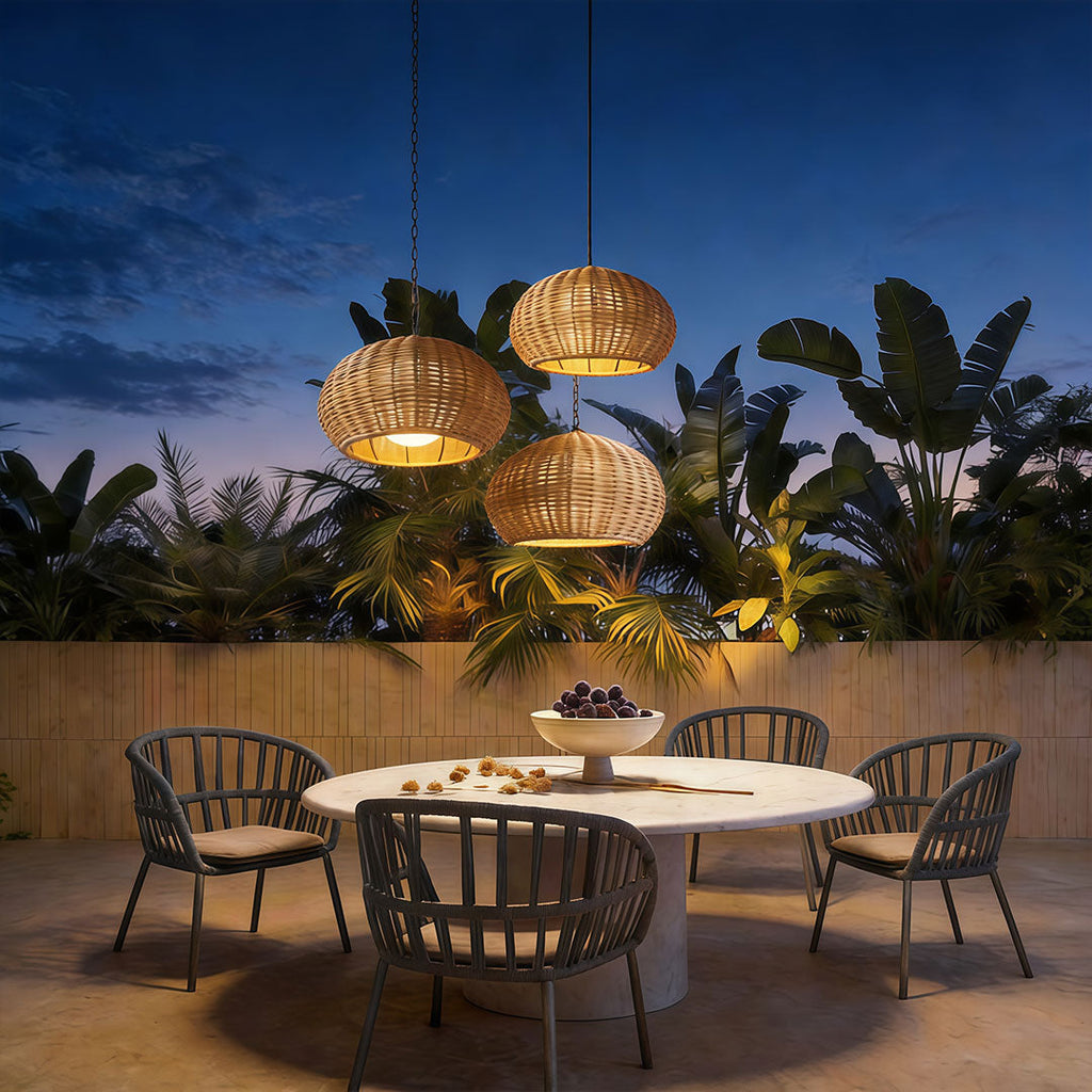 Rattan Outdoor Pendant Light, Woven Bohemian Hanging Lantern for Patios and Porches, Weather-Resistant Warm LED Glow