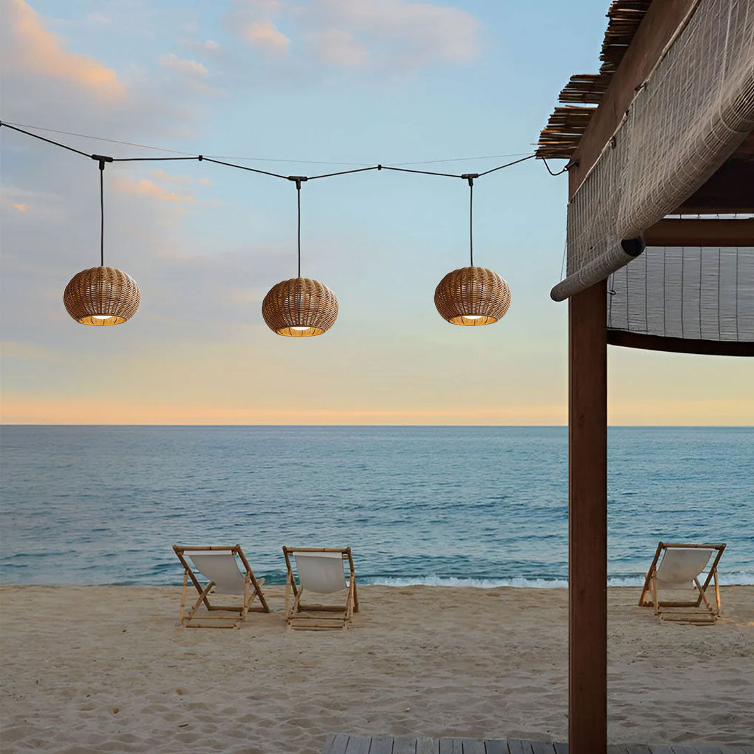 Rattan Outdoor Pendant Light, Woven Bohemian Hanging Lantern for Patios and Porches, Weather-Resistant Warm LED Glow