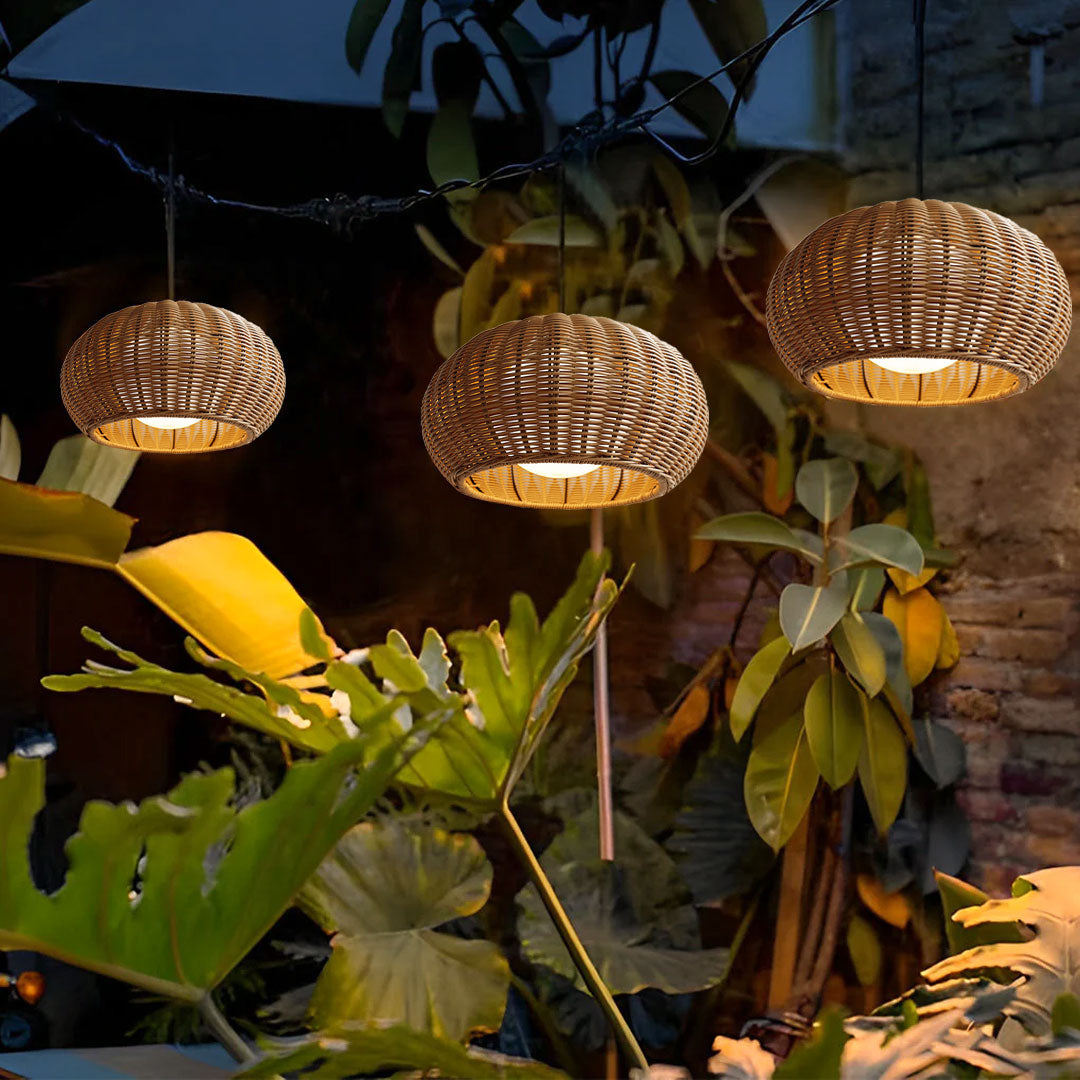 Rattan Outdoor Pendant Light, Woven Bohemian Hanging Lantern for Patios and Porches, Weather-Resistant Warm LED Glow