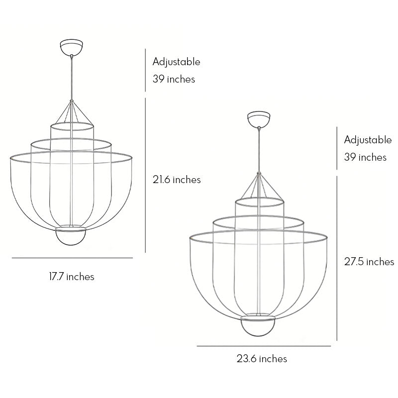 Dimension and size chart for the tiered silver mesh chandelier