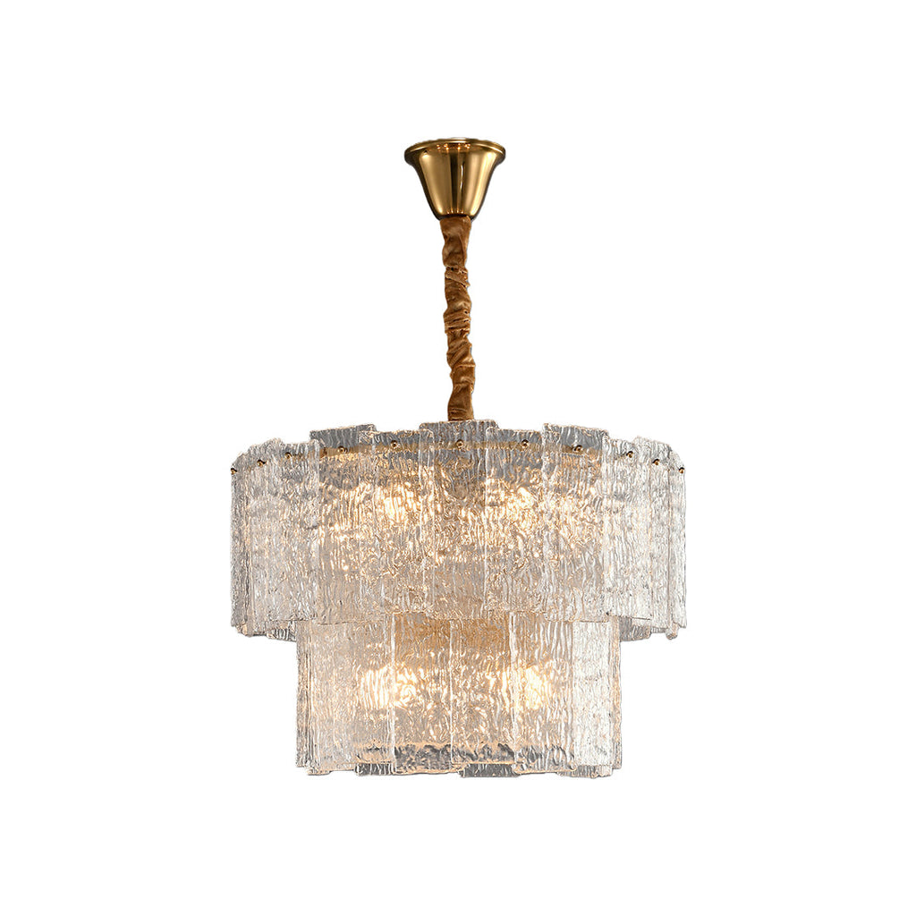 Tiered chandelier with textured glass and brushed brass frame