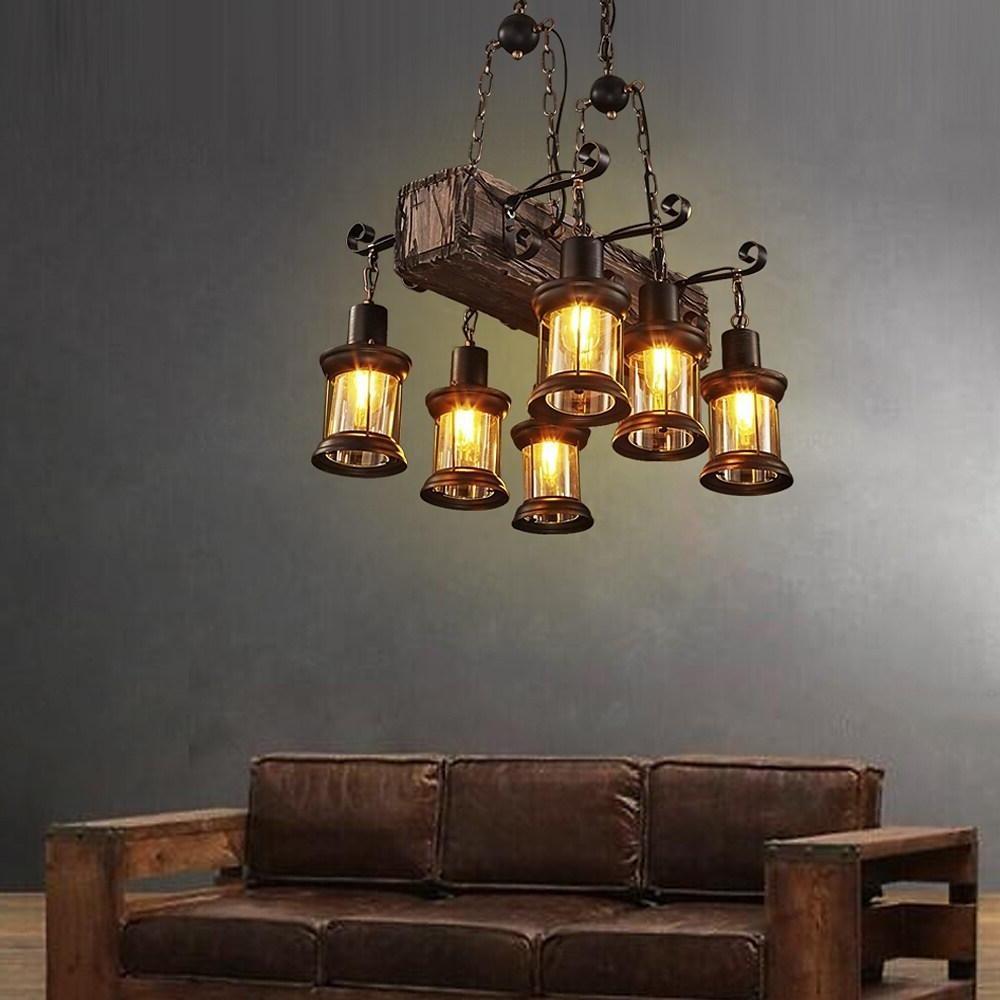 Lantern Chandelier, Wood and Glass 6-Light Farmhouse Ceiling Light for Dining Room, Antique Brass
