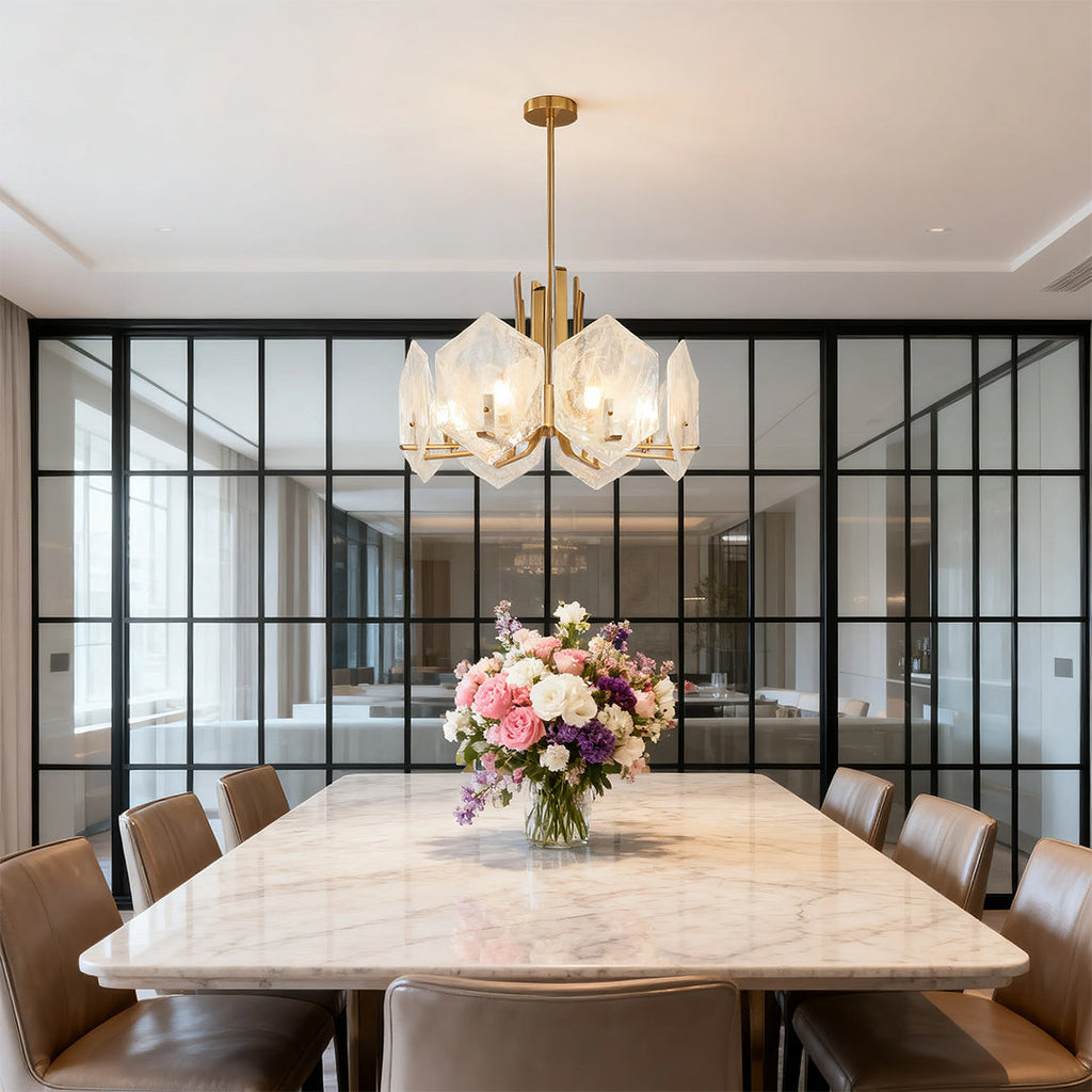 Geometric Chandelier, Gold Metal and Clear Glass Ceiling Light for Entryway, Adjustable Rod