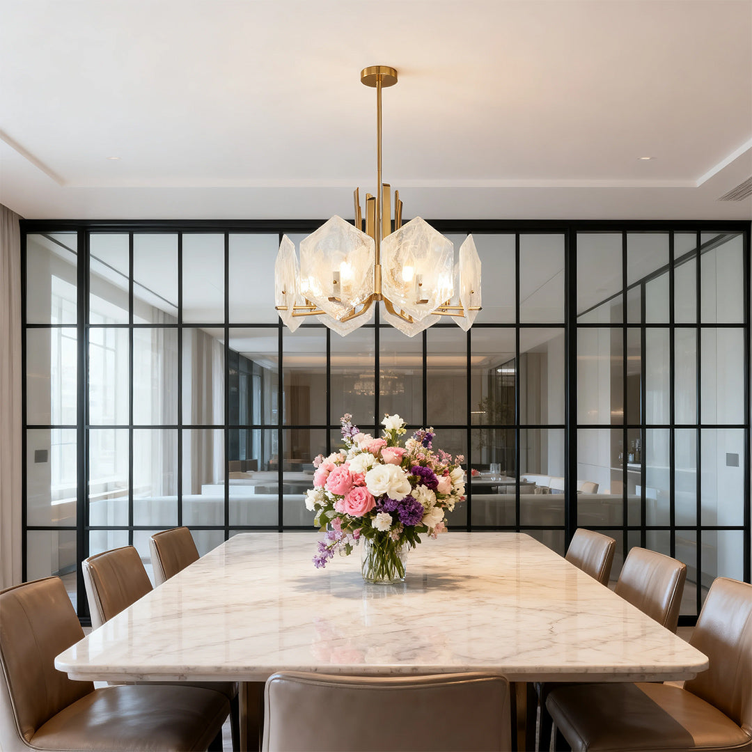 Geometric Chandelier, Gold Metal and Clear Glass Ceiling Light for Entryway, Adjustable Rod
