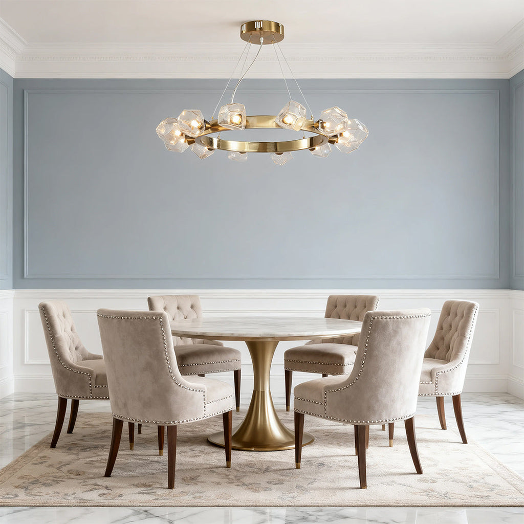 Round Chandelier, Gold Metal and Clear Glass Ring Ceiling Light for Entryway, Adjustable Cord