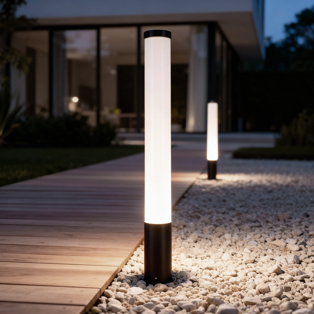 Tube light on a wooden deck pathway in the evening