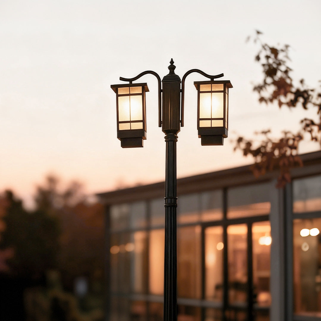 Two-Head Outdoor Post Light, Black Die-Cast Aluminum Waterproof Lamp Post for Driveways and Gardens, Solar or Hardwired with Glass Shades
