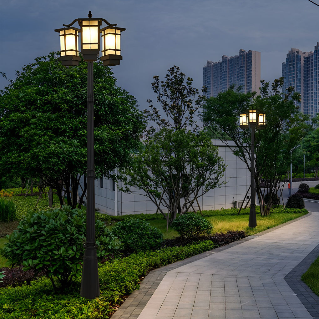 Two-Head Outdoor Post Light, Black Die-Cast Aluminum Waterproof Lamp Post for Driveways and Gardens, Solar or Hardwired with Glass Shades