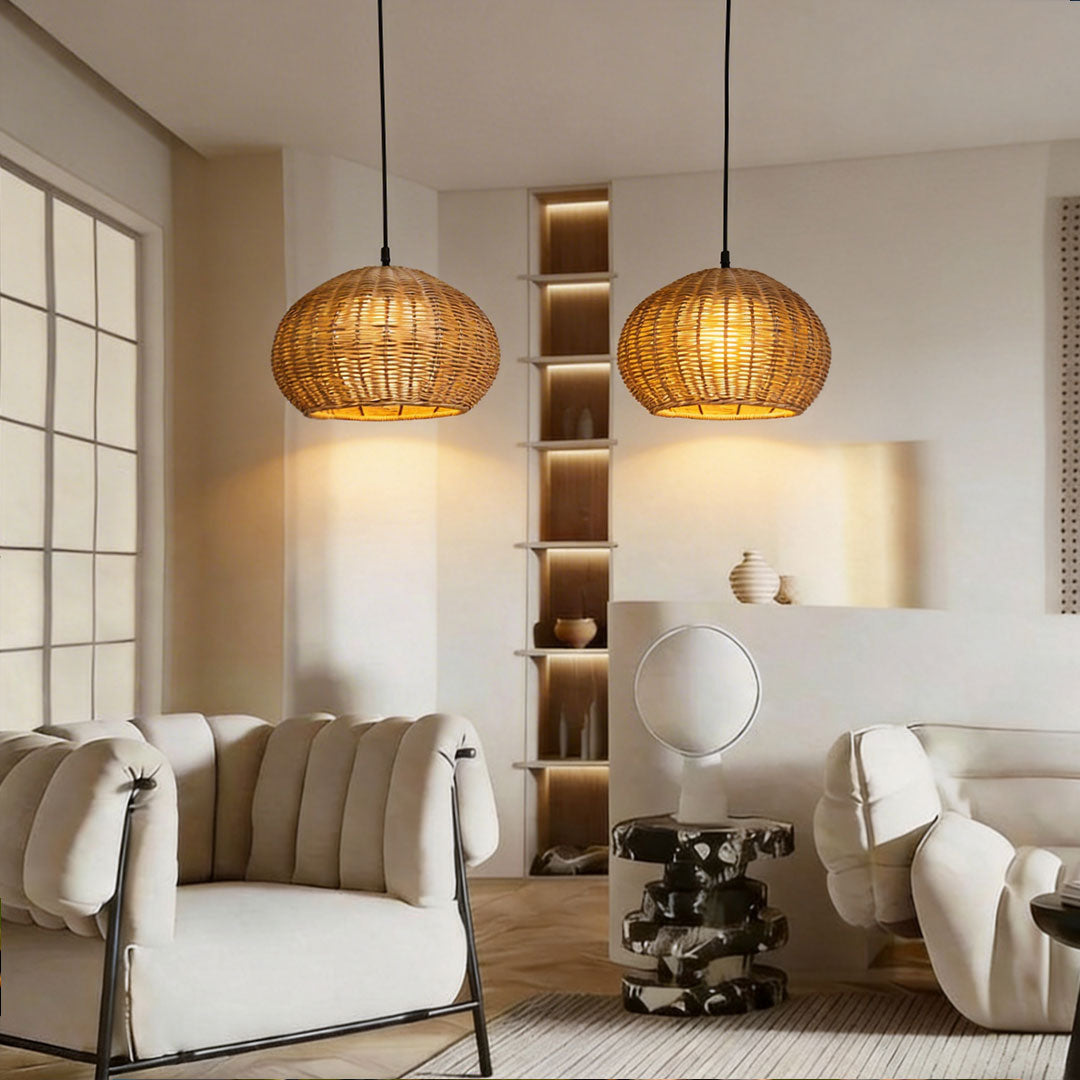 Rattan Outdoor Pendant Light, Woven Bohemian Hanging Lantern for Patios and Porches, Weather-Resistant Warm LED Glow