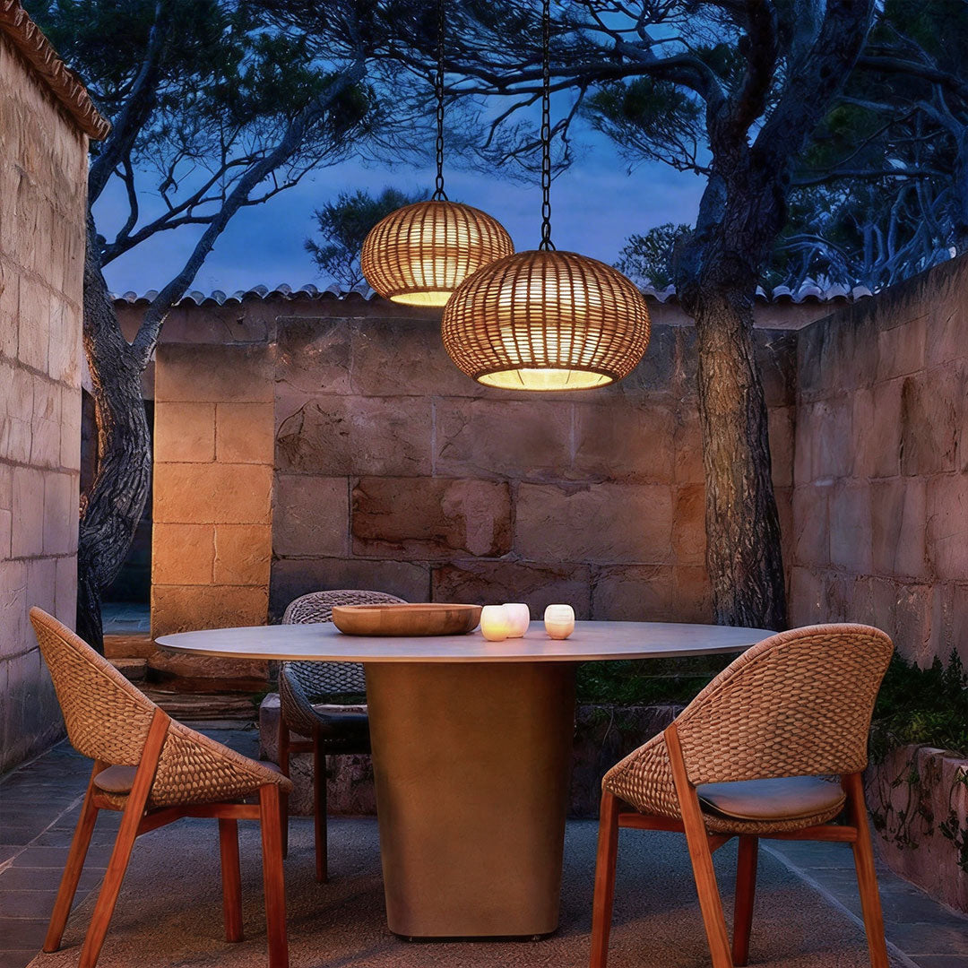 Rattan Outdoor Pendant Light, Woven Bohemian Hanging Lantern for Patios and Porches, Weather-Resistant Warm LED Glow