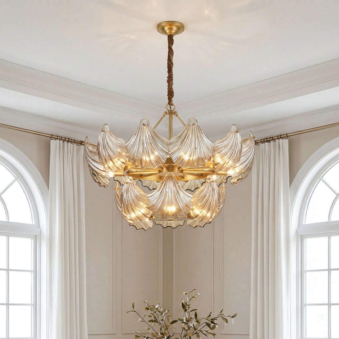 Two-tiered chandelier with glass leaf shades