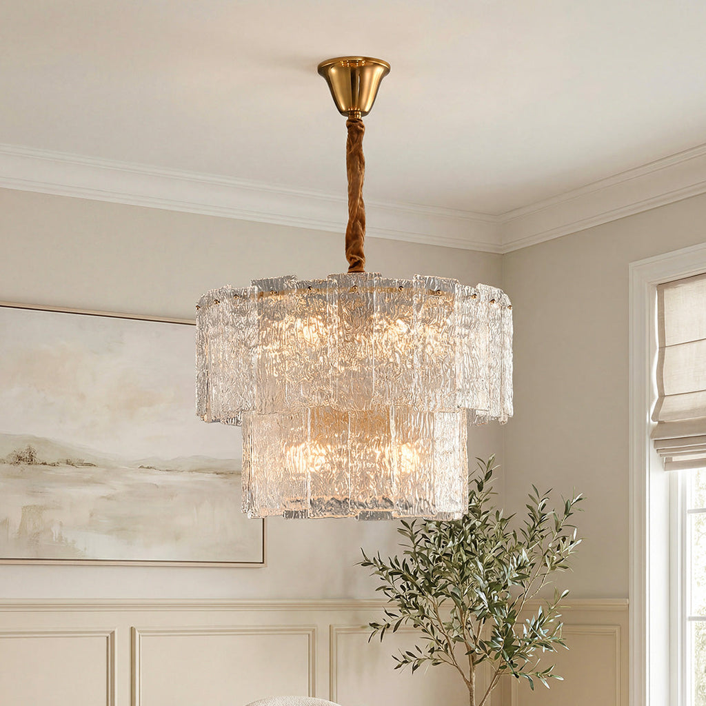 Two-tiered small chandelier with ice textured glass shades