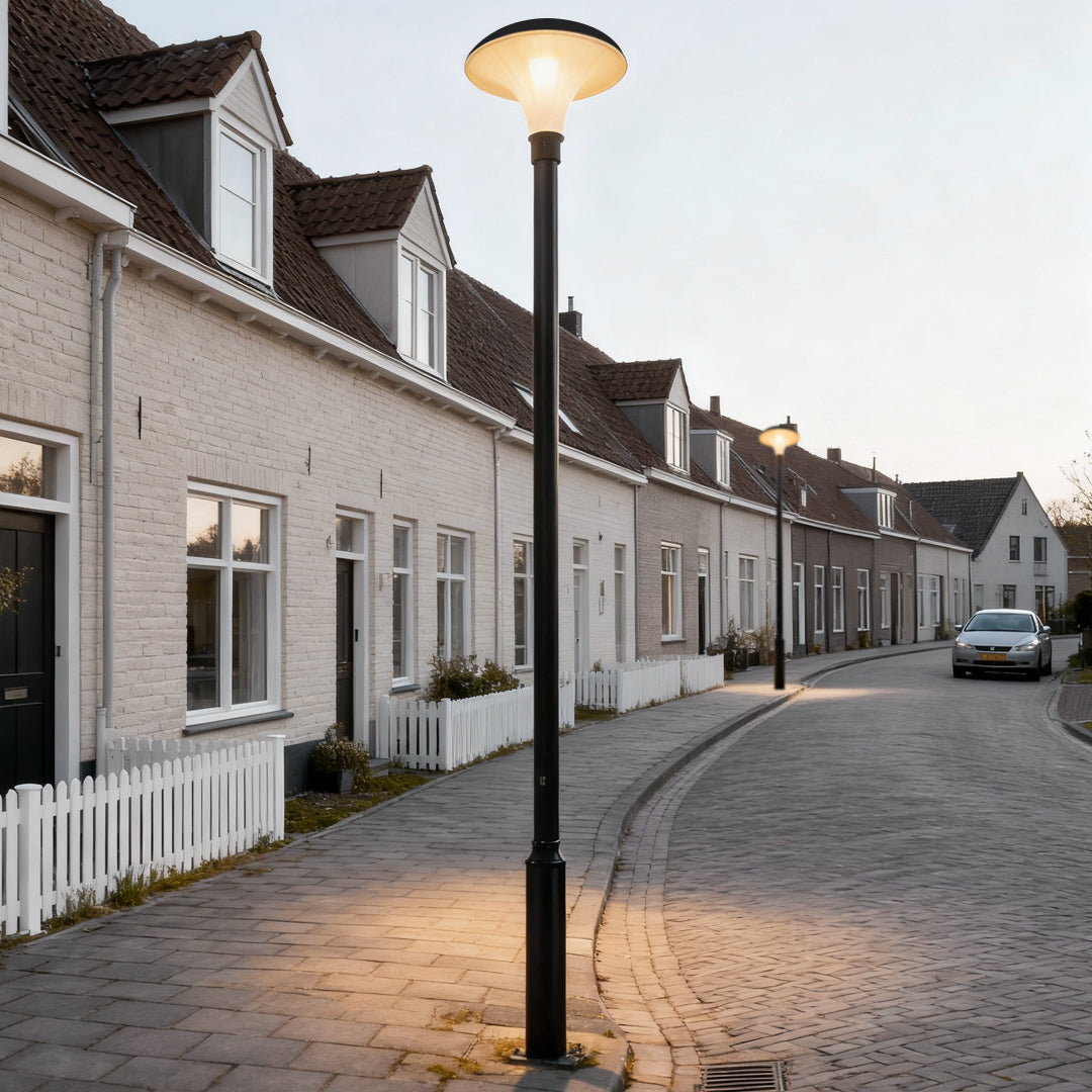 Solar Street Light, Round Die-Cast Aluminum LED Pole Lamp for Driveway and Yard, Waterproof with Standalone Head or Full Pole Options