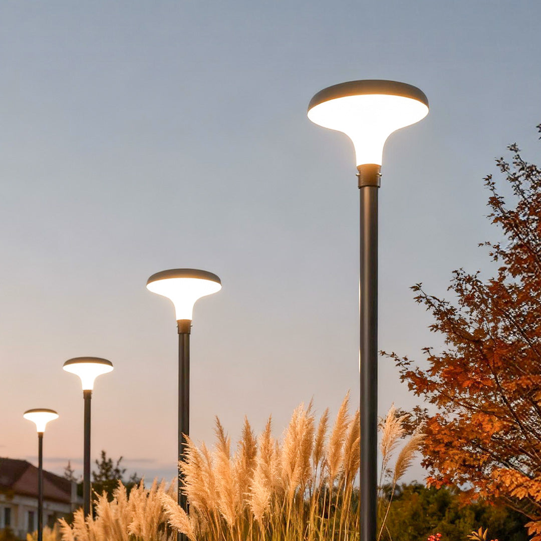 Solar Street Light, Round Die-Cast Aluminum LED Pole Lamp for Driveway and Yard, Waterproof with Standalone Head or Full Pole Options