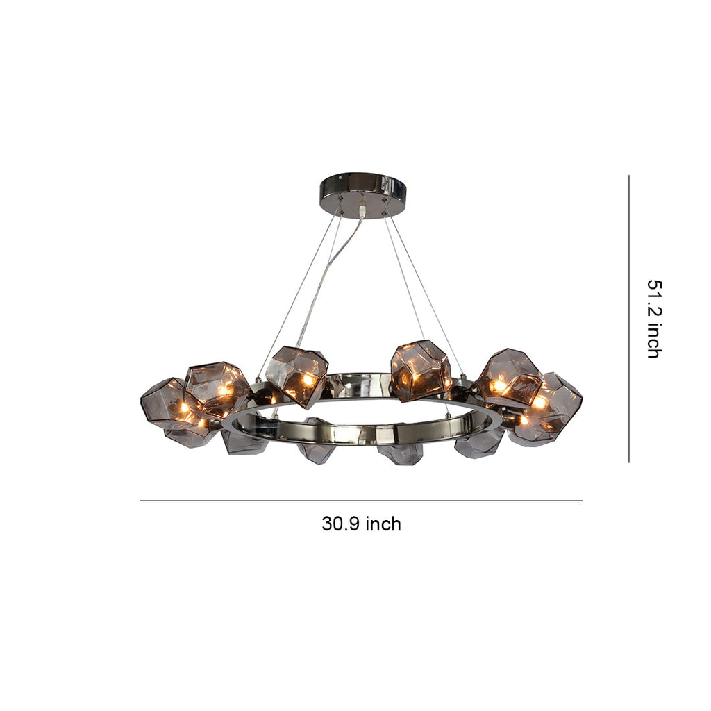 Round Chandelier, Black Metal and Clear Glass Ring Ceiling Light for Entryway, Adjustable Cord
