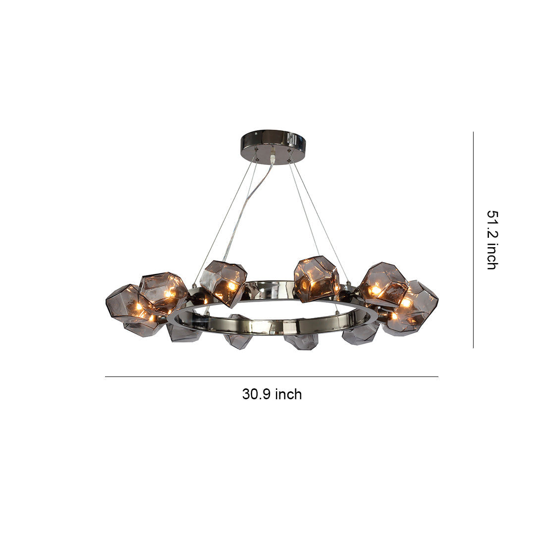 Round Chandelier, Black Metal and Clear Glass Ring Ceiling Light for Entryway, Adjustable Cord