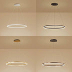 LED ring chandeliers shown side by side in multiple finishes