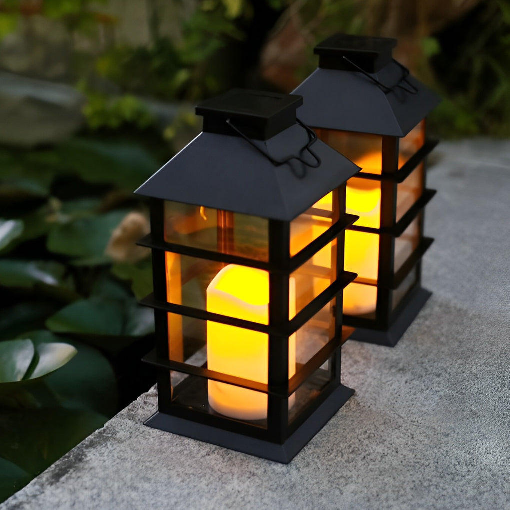 Portable Solar Candlestick Lantern, Industrial Black LED Outdoor Table Lamp for Patios and Balconies, Warm White Glow