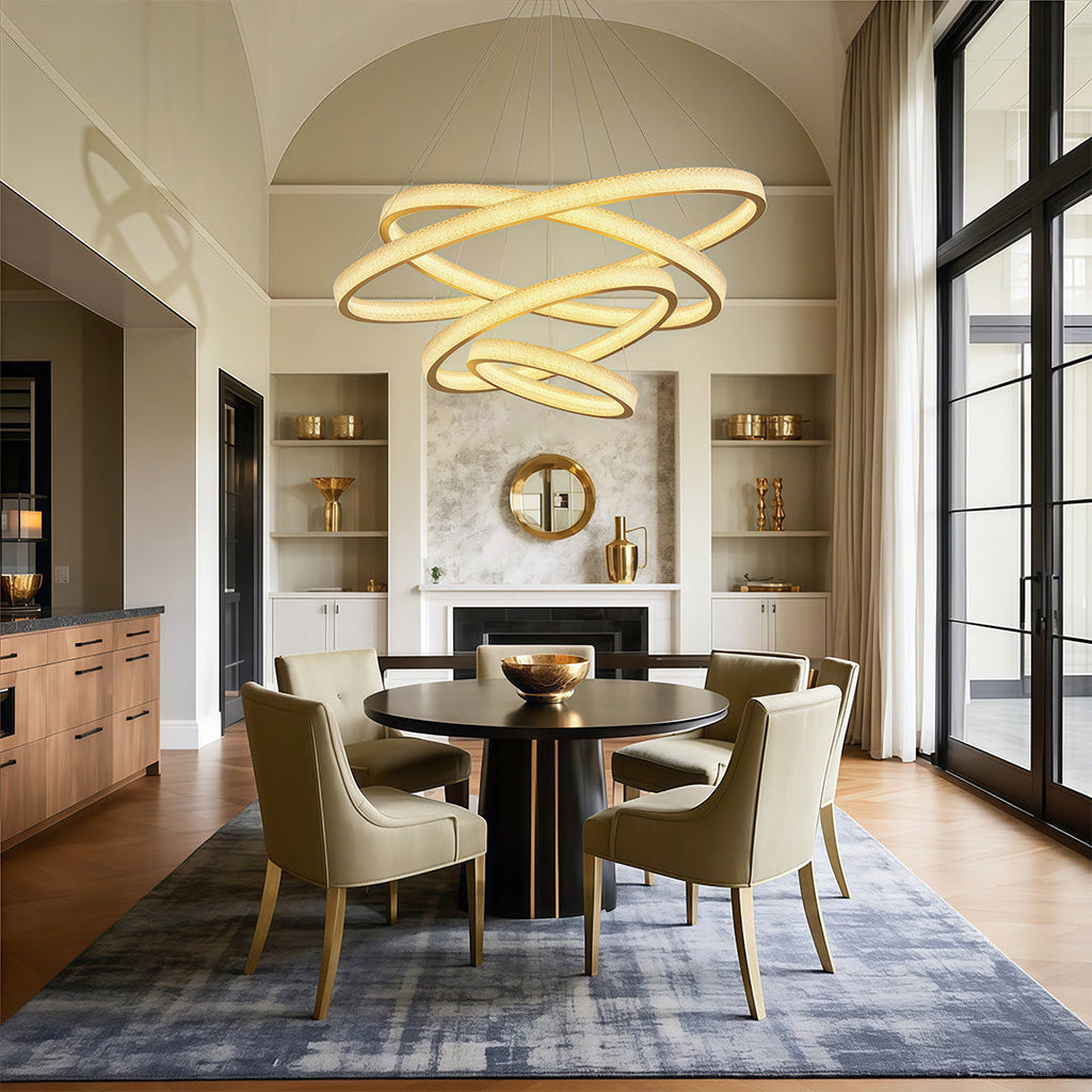Crystal chandelier in a luxurious room with a patterned rug