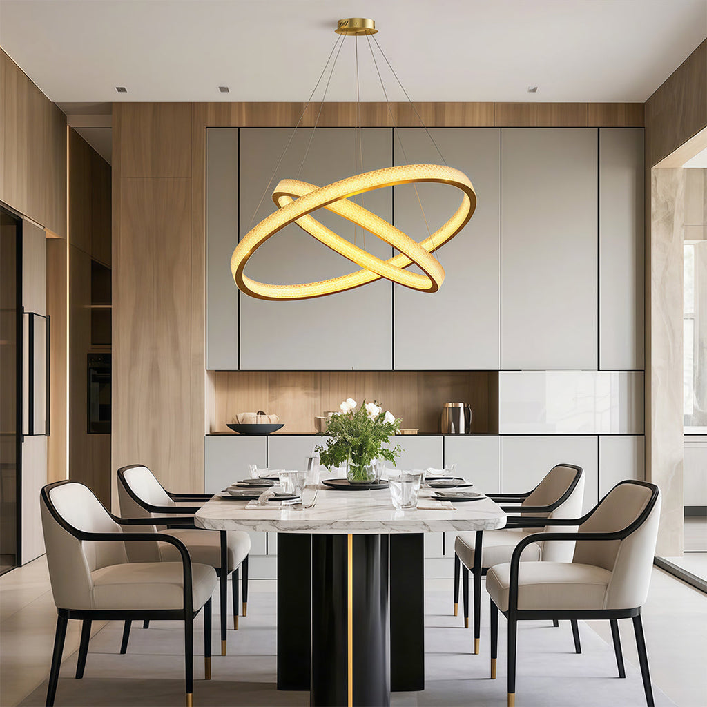 Crystal chandelier in a modern dining room with wood panelling