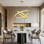 Crystal chandelier in a modern dining room with wood panelling