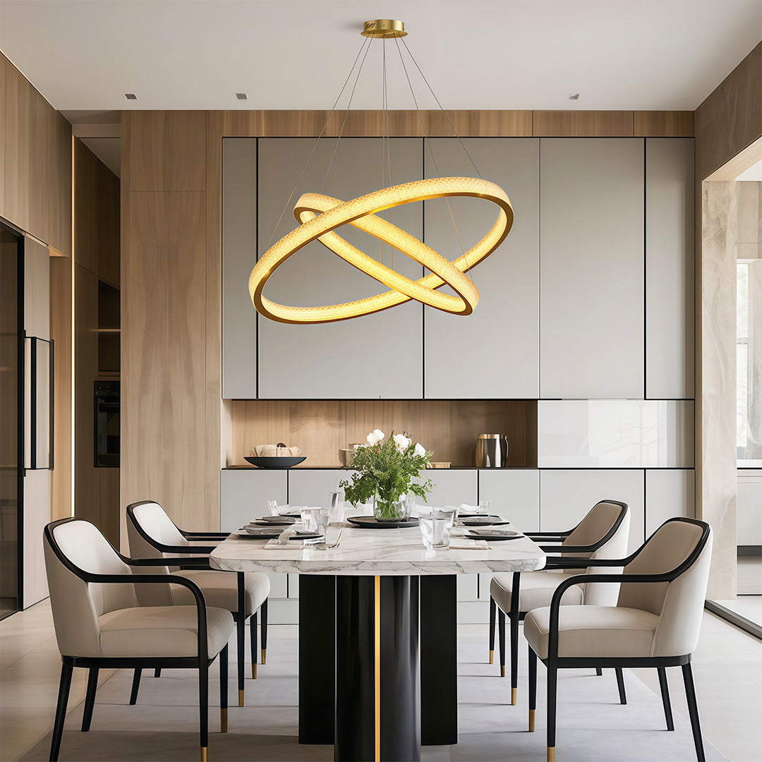 Crystal chandelier in a modern dining room with wood panelling