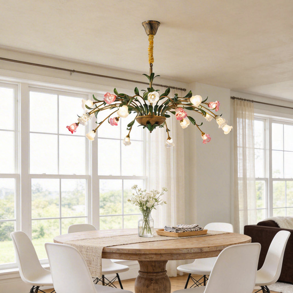 Floral chandelier with pink and white blooms in a classic dining room