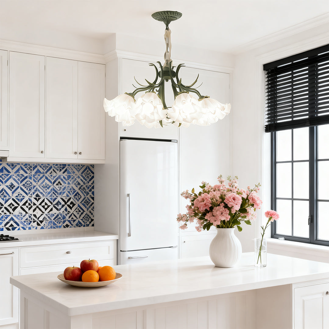 Flower chandelier hanging above a charming kitchen island