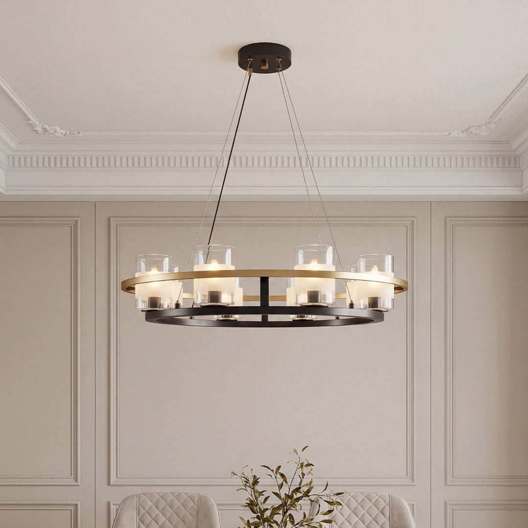 Black and gold wagon wheel chandelier, product view