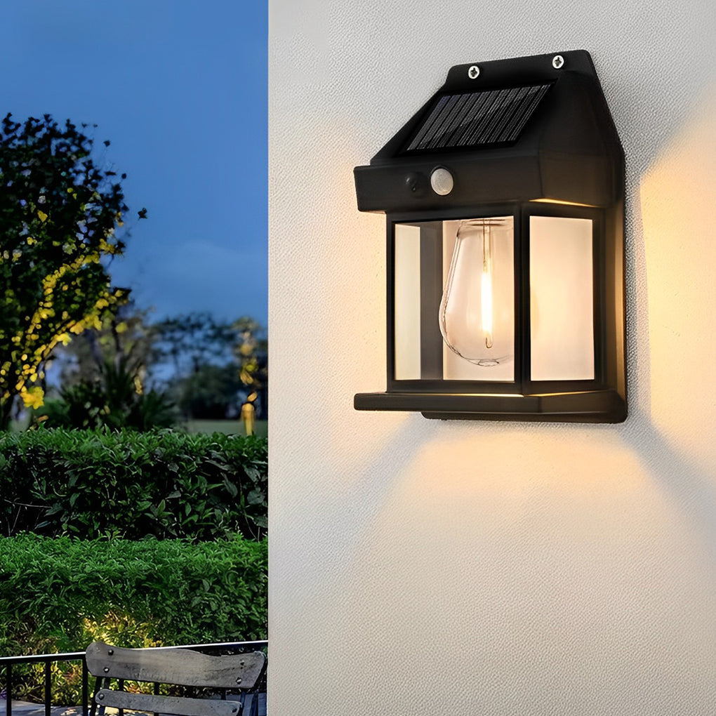 Solar Wall Lantern with Motion Sensor, Tungsten-Style Outdoor Sconce for Porches and Entryways, Seven Styles in Black or White
