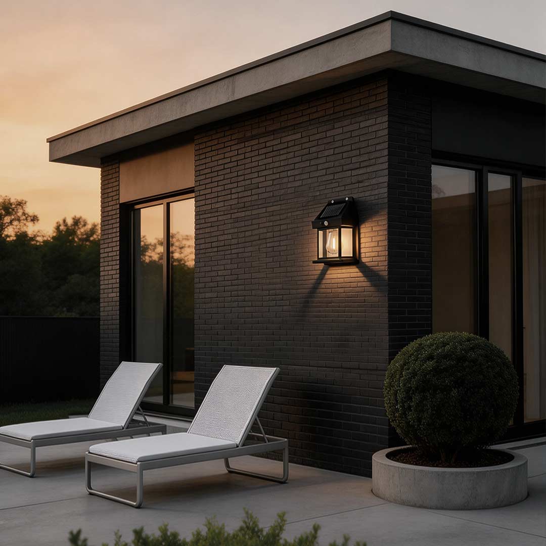 Solar Wall Lantern with Motion Sensor, Tungsten-Style Outdoor Sconce for Porches and Entryways, Seven Styles in Black or White