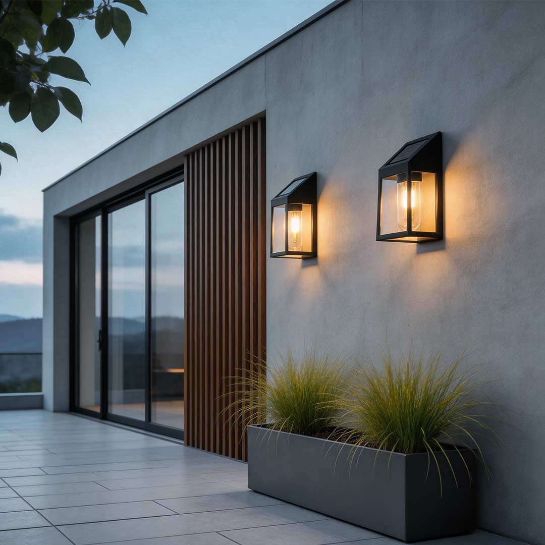 Solar Wall Lantern with Motion Sensor, Tungsten-Style Outdoor Sconce for Porches and Entryways, Seven Styles in Black or White