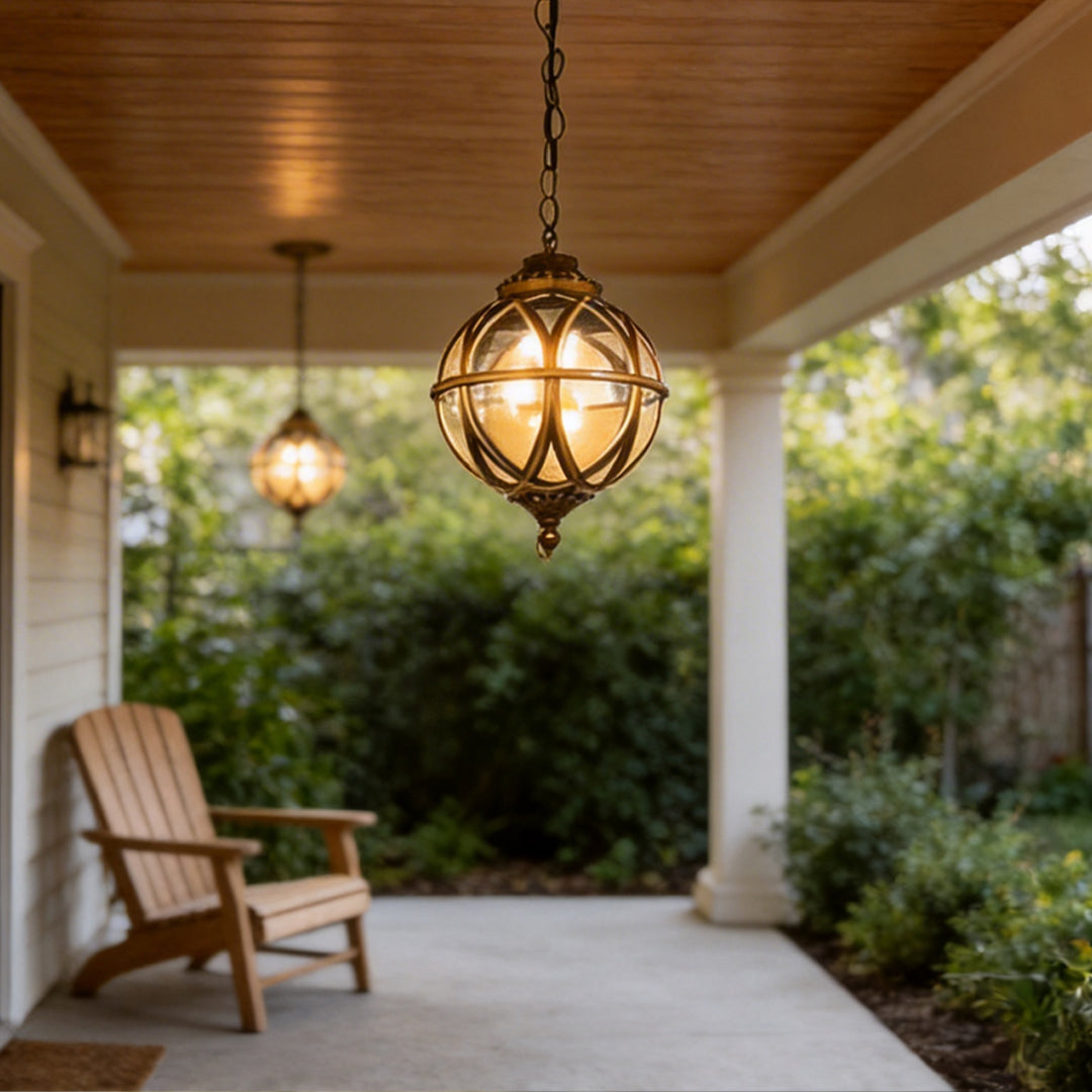 Globe Pendant Light, Retro Metal Orb Moisture-Proof Ceiling Fixture for Porch and Courtyard, 3000K Warm LED in Black or Bronze