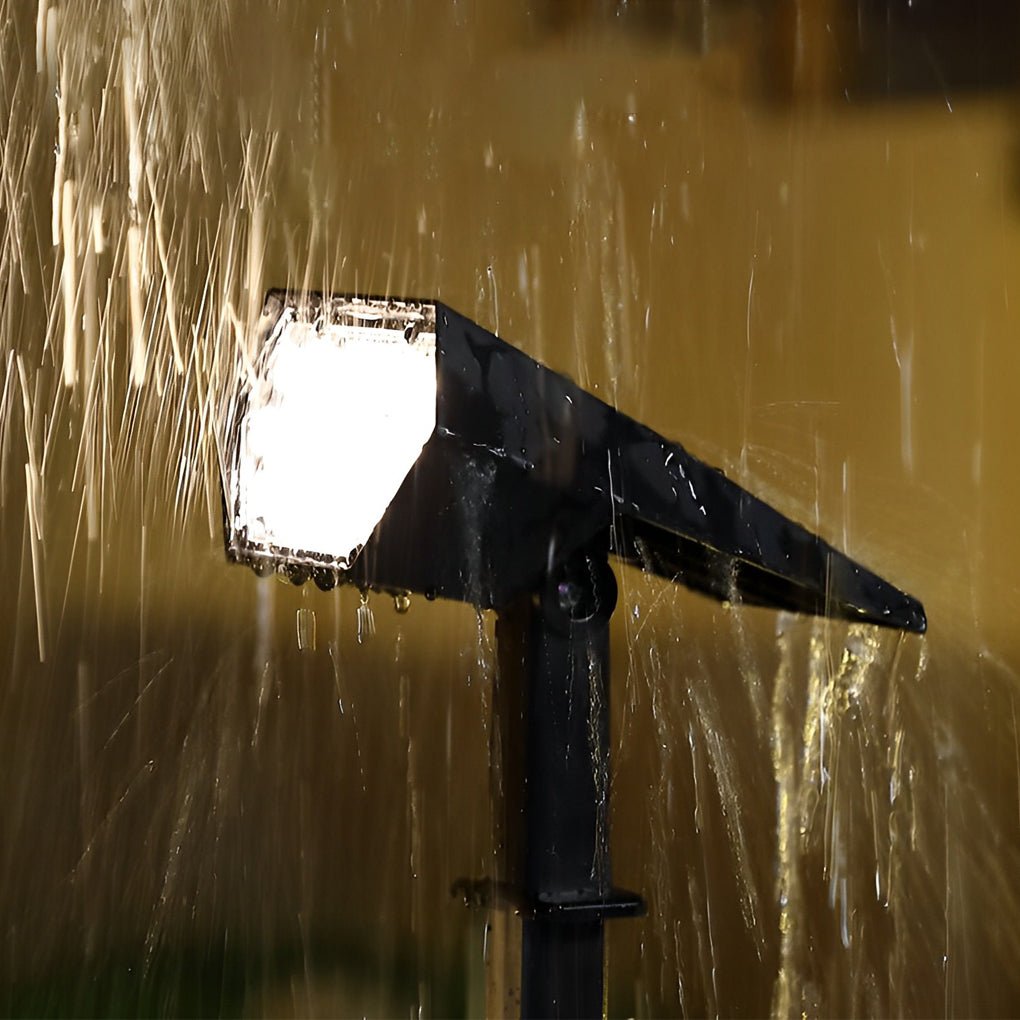 Spike spotlight in the rain showing its waterproof housing
