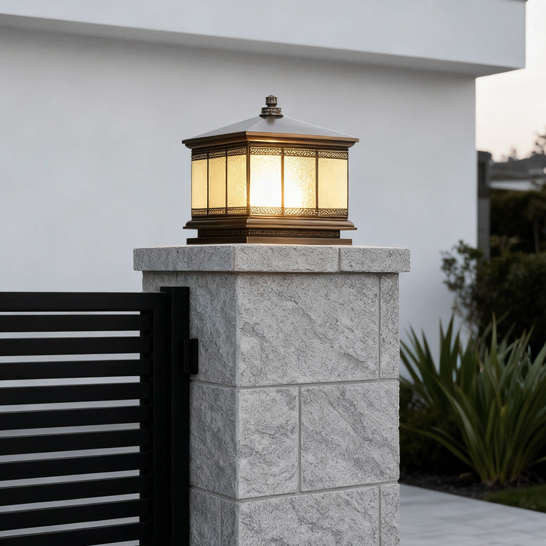 Copper Gate Pillar Light, Antique Bronze Waterproof Solar or Hardwired Post Lantern for Driveway and Fence Columns, Three Sizes