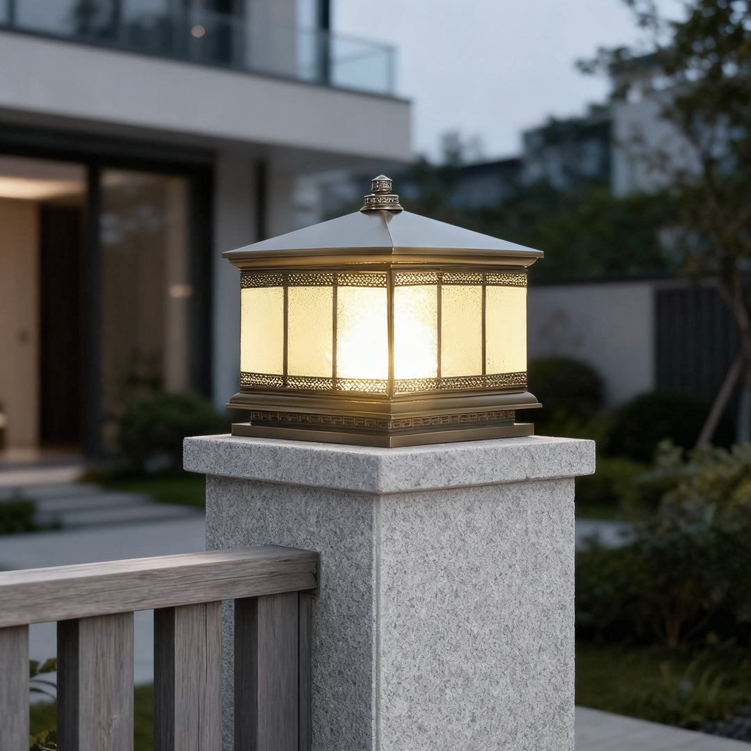 Copper Gate Pillar Light, Antique Bronze Waterproof Solar or Hardwired Post Lantern for Driveway and Fence Columns, Three Sizes