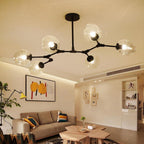 Six-light molecule chandelier with glass globes, alternative view