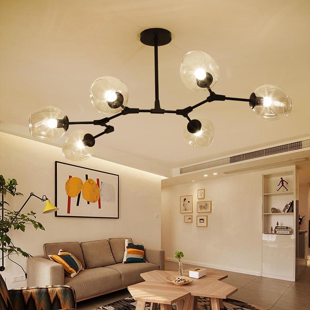 Six-light molecule chandelier with glass globes, alternative view