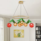 Whimsical cherry chandelier hanging in a living room