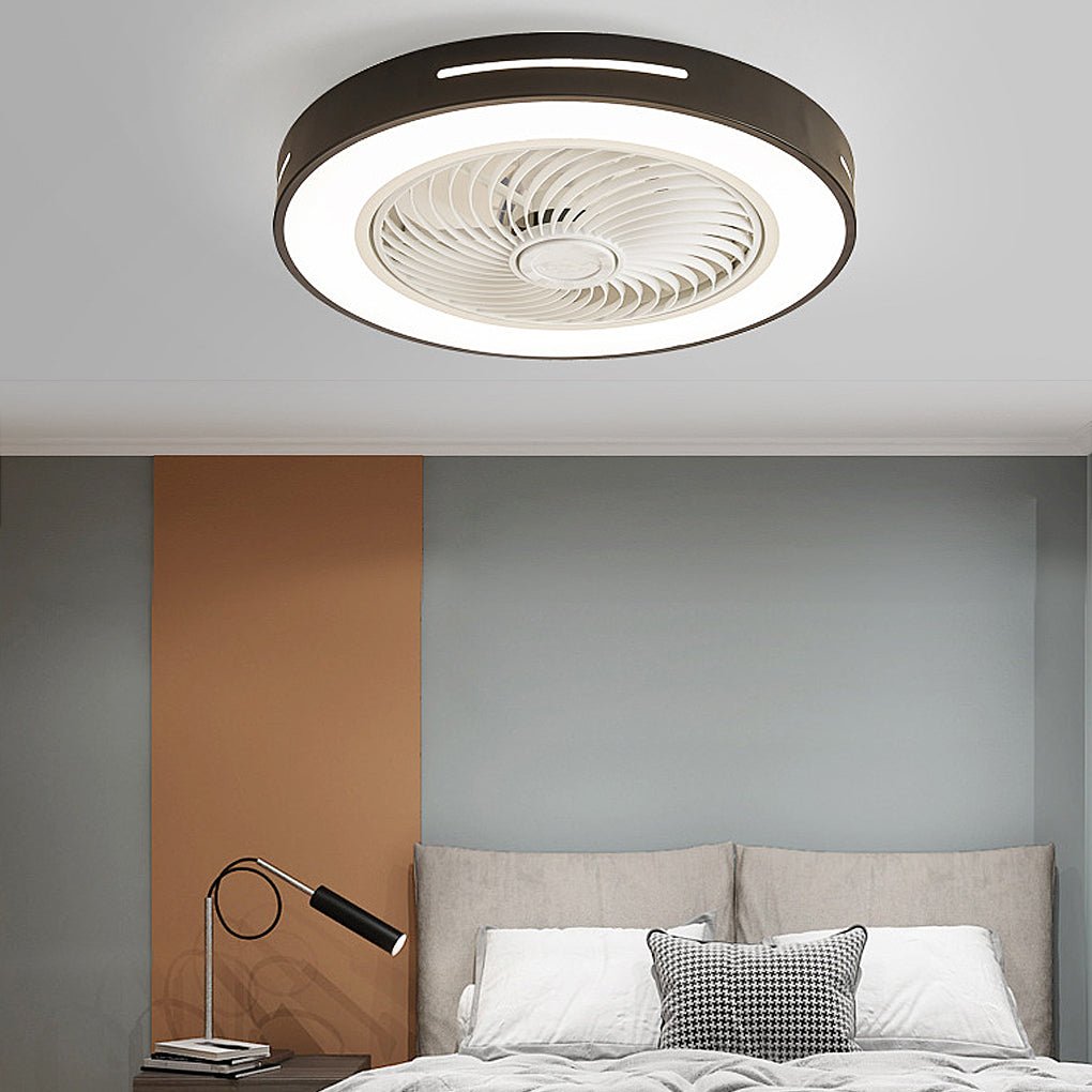 Minimalist flush mount ceiling fan in a living room