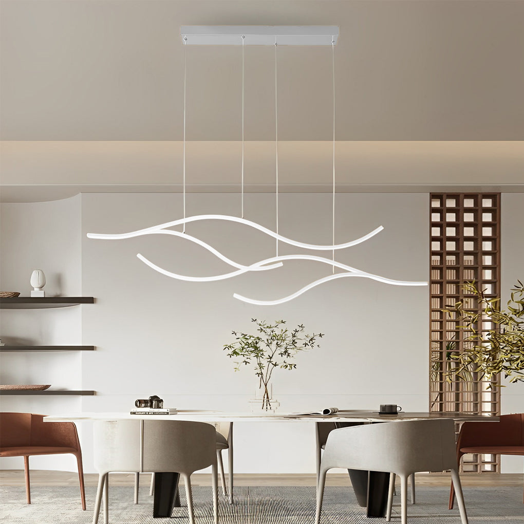 Curved LED Pendant Light, Wavy Linear Chandelier for Kitchen Island and Dining Table, Dimmable Modern Ceiling Light in Black, Gold or Chrome