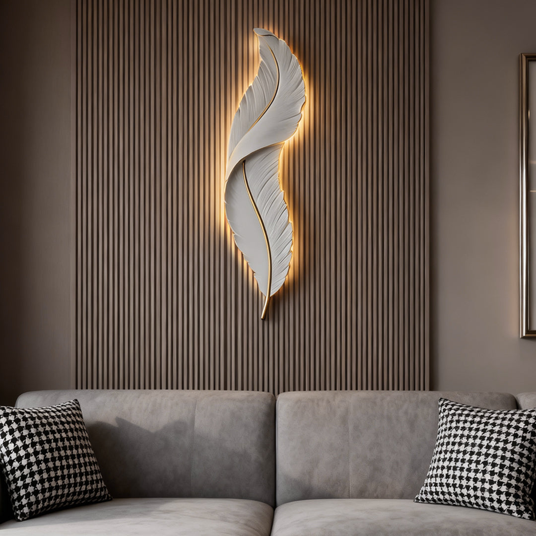 Feather Wall Light, Sculptural White Resin LED Sconce for Hallways, Bedside and Corridor Walls, Three Soft Colors and Two Sizes
