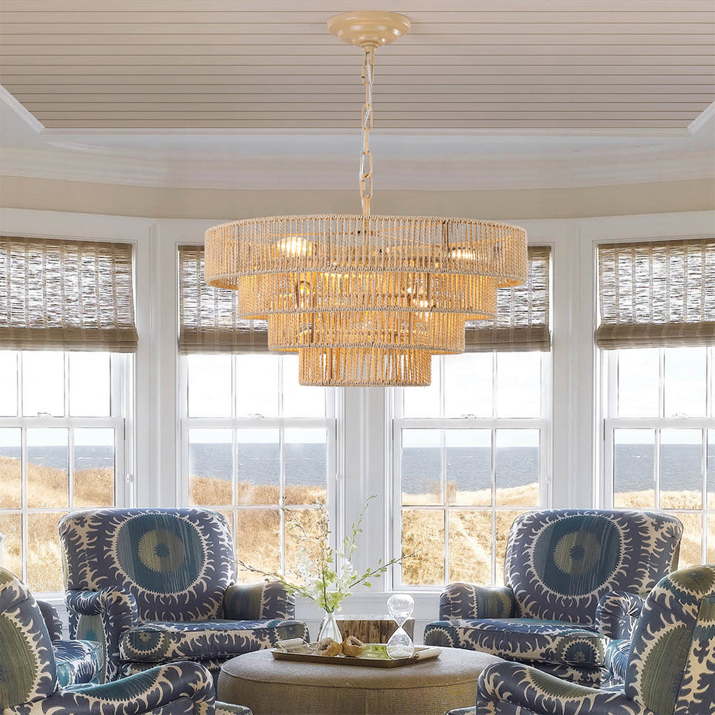 Japanese Chandelier, Iron and Jute Rope Zen Ceiling Light for Dining Room, 6 or 8 Lights