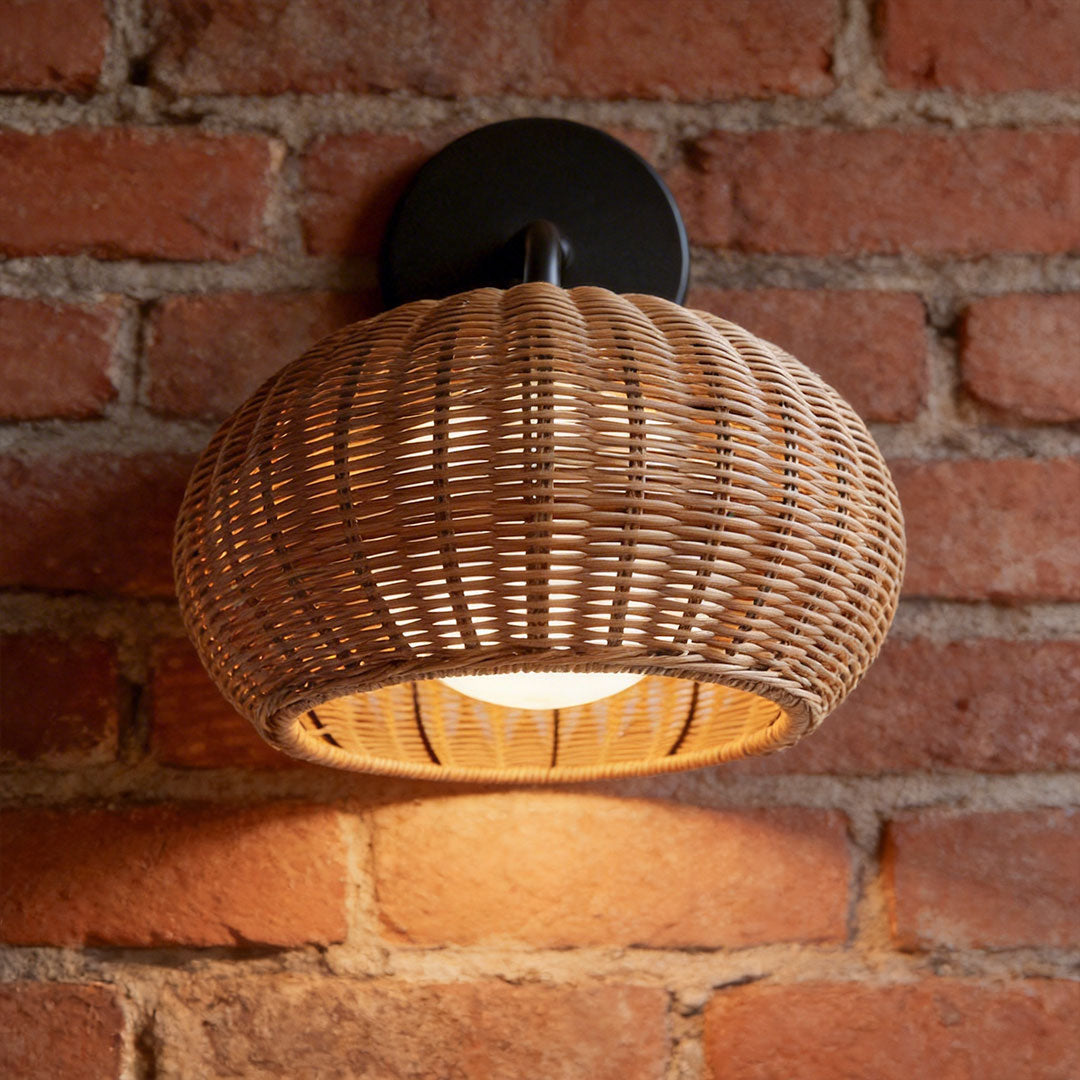 Rattan Outdoor Pendant Light, Woven Bohemian Hanging Lantern for Patios and Porches, Weather-Resistant Warm LED Glow