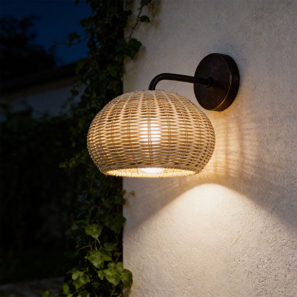 Rattan Outdoor Pendant Light, Woven Bohemian Hanging Lantern for Patios and Porches, Weather-Resistant Warm LED Glow