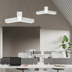 Y-shaped linear pendant lights in a modern office